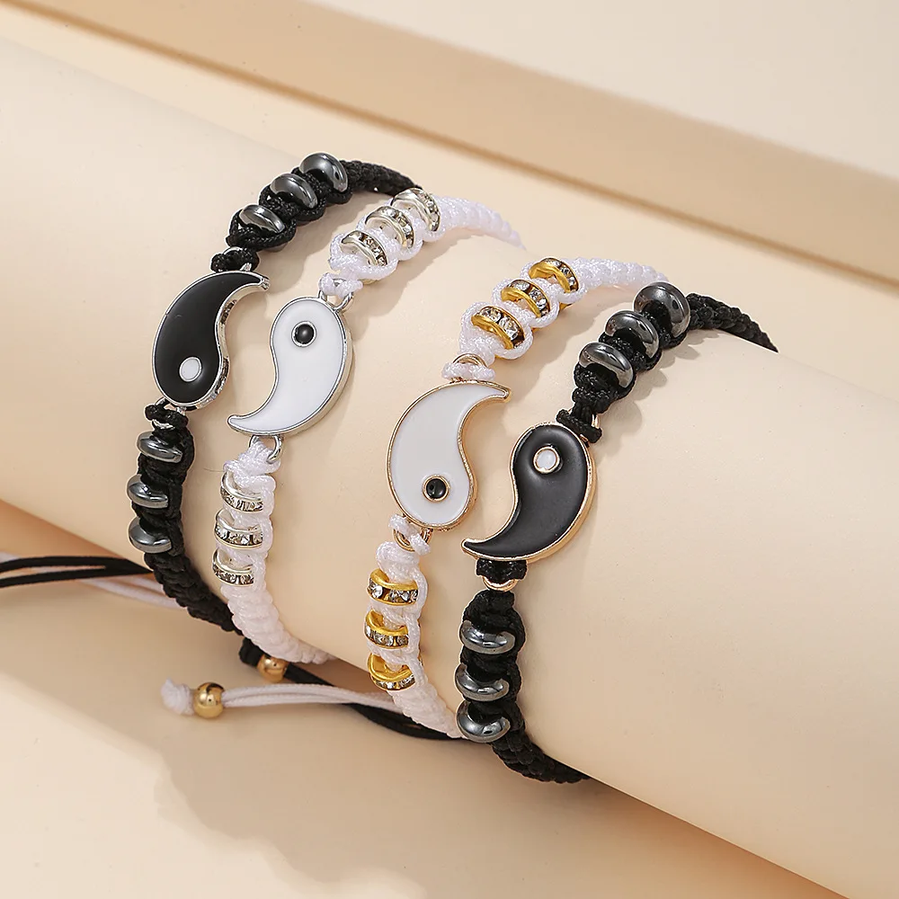 Conjunto de jóias tai chi casal pulseira preto branco corda ajustável conjunto corrente estilo simples uso diário amizade jóias presente