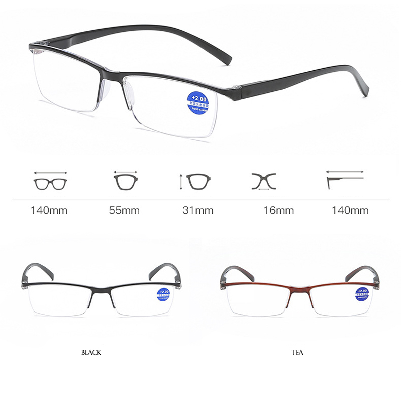 VCKA Anti-blue light Resin Reading Glasses Men Women Metal Half Frame Hyperopia Eyeglasses +1.0 1.52.02.5 3.0 3.5 4.0 Diopter