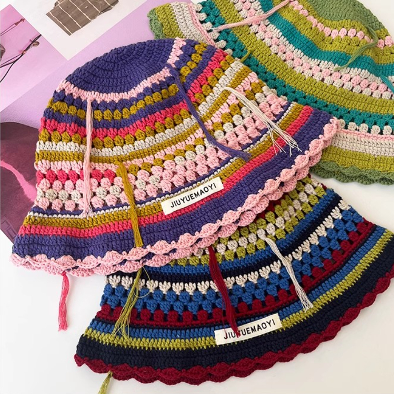 Autumn Crochet Korean Handmade Bucket Hat Women Weaving Knitted Hat Y2k Flowers Autumn Winter Beanies Basin Cap