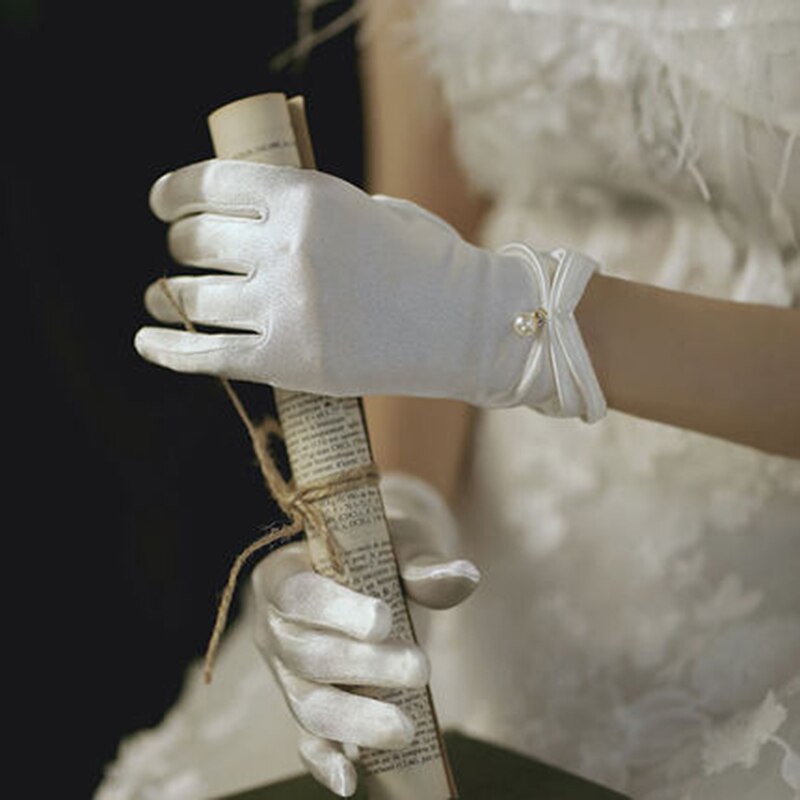 Women's Summer Thin Short Satin Elastic Etiquette Dress Gloves Pearl Lace Bow UV Sunscreen Cycling Driving Mittens K69