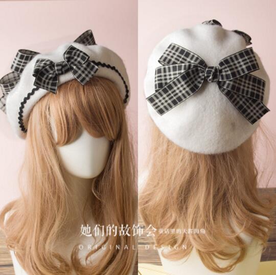 17 Kleuren Lolita Baretten Wol Blend Hoed Vrouwen Meisjes Boog Plaids Streep Sailor Stijl Preppy Chic Studenten Cap: P