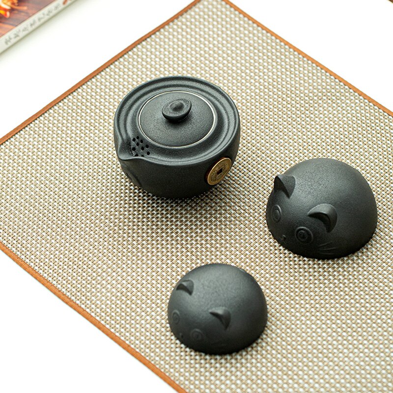 LUWU – théière en céramique avec 2 tasses chat mignon, service à thé de bureau portable de voyage avec étui de voyage