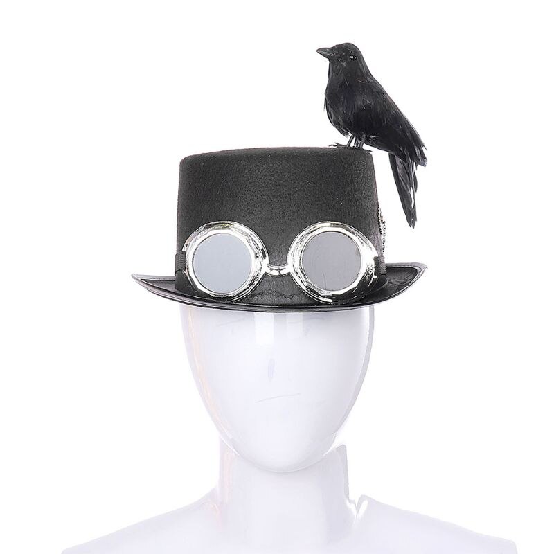 Unisex Heavy Metal Music Festival Top Hat Carnival Retro Gothic Steampunk Cosplay Black Jazz Cap with Crow Goggles