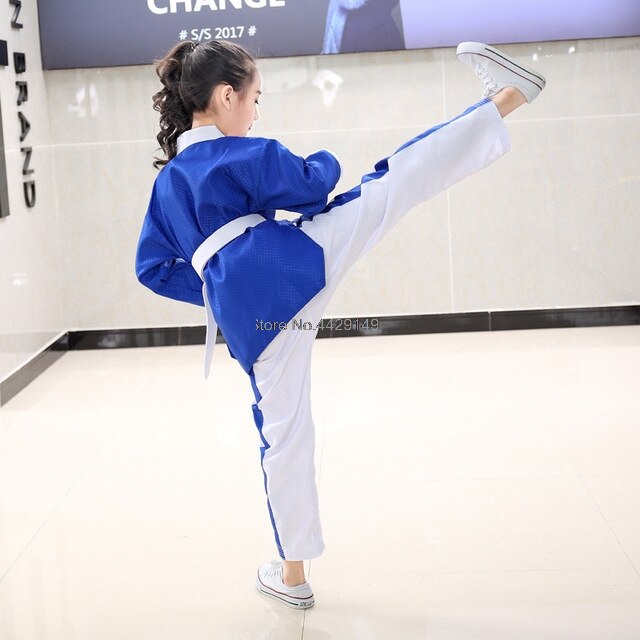 Blue Taekwondo Uniforms Children Adult Unisex Long Sleeve Taekwondo Dobok Clothes Suit Taekwondo Training Clothing