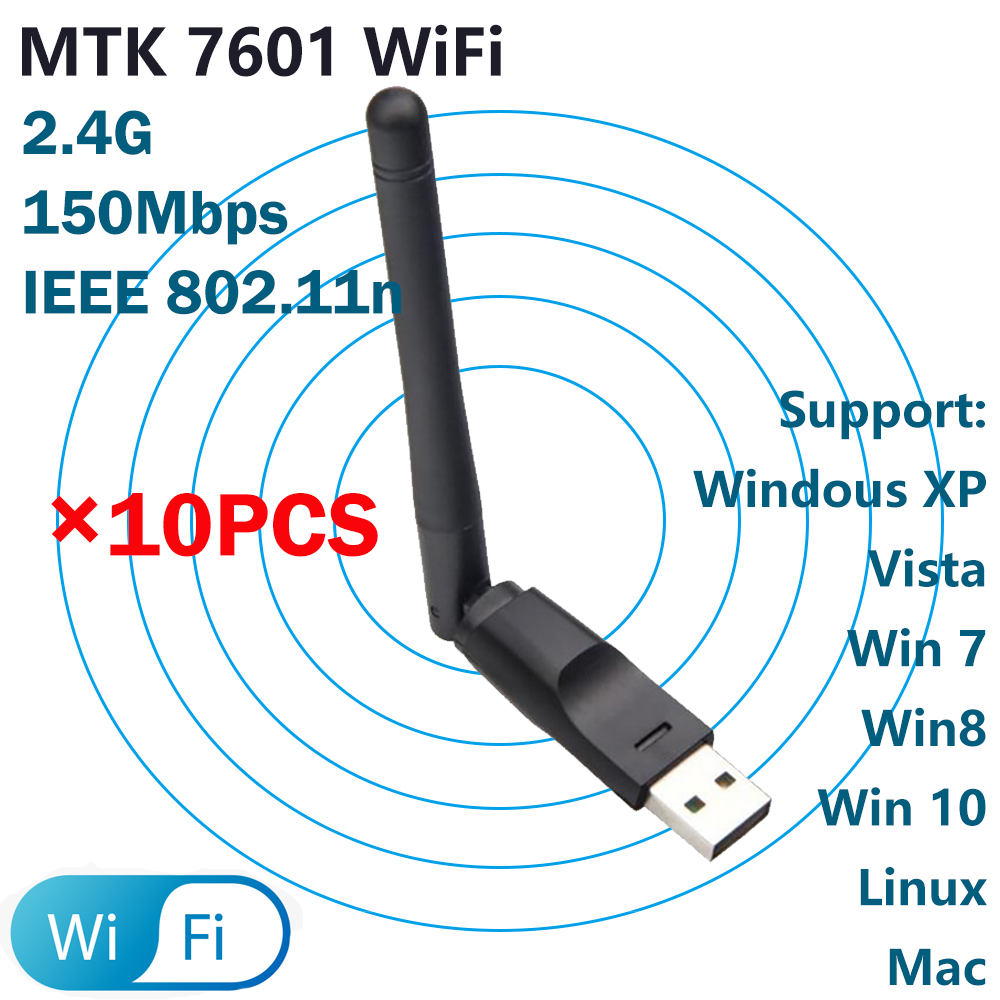 [10 pces] mt7601 wifi adaptador 150mbps 2.4ghz 802.11/b/g/n usb2.0 rotativo usb wi-fi antena 7601
