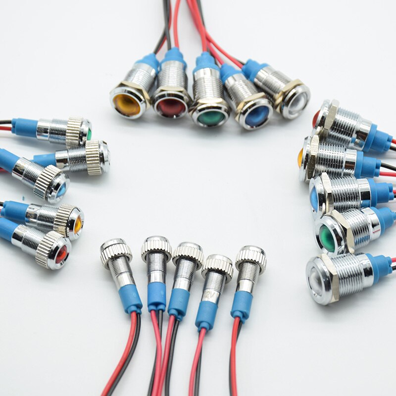 2pcs/lot 6mm LED Metal Indicator light 6mm waterproof Signal lamp 6V 12V 24V 220v with wire red yellow blue green white