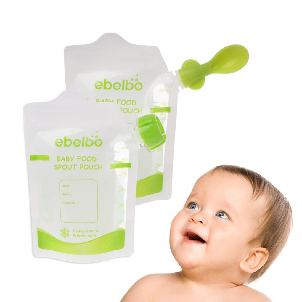 10 sacos de armazenamento de alimentos para bebê dos pces com 10 tampas e 2 colheres crianças puree suplemento alimentar zíperes dobro reciclável bebida que alimenta o malote