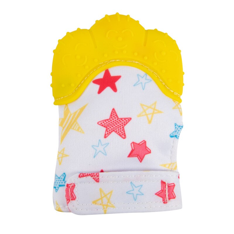 Baby Silicone Teether Gloves Animal Palm Bite Chew Training Toys Squeaky Grind Baby Teething Protect Anti-bite Gloves BPA Free: yellow smile