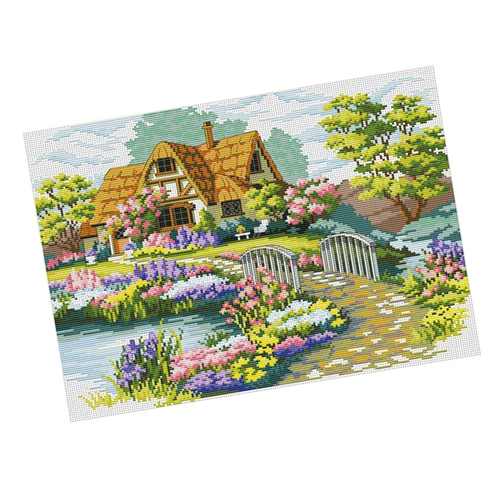 kryss søm stemplet sett hage hytte mønster broderi needlepoint håndverk