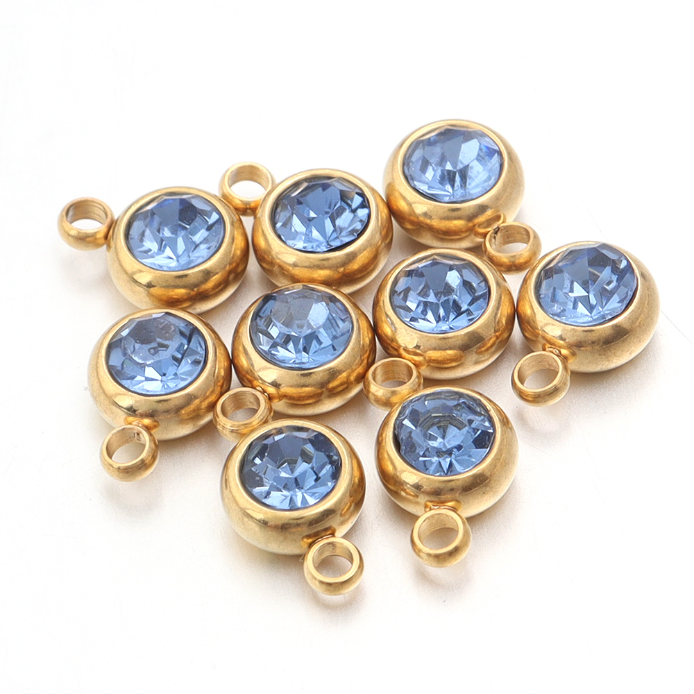 10pcs/lot Stainless Steel Birthstone Pendant 6mm Flat Round Rhinestone Charms Pendant For DIY Jewelry Making Necklace Bracelet: VIOLET