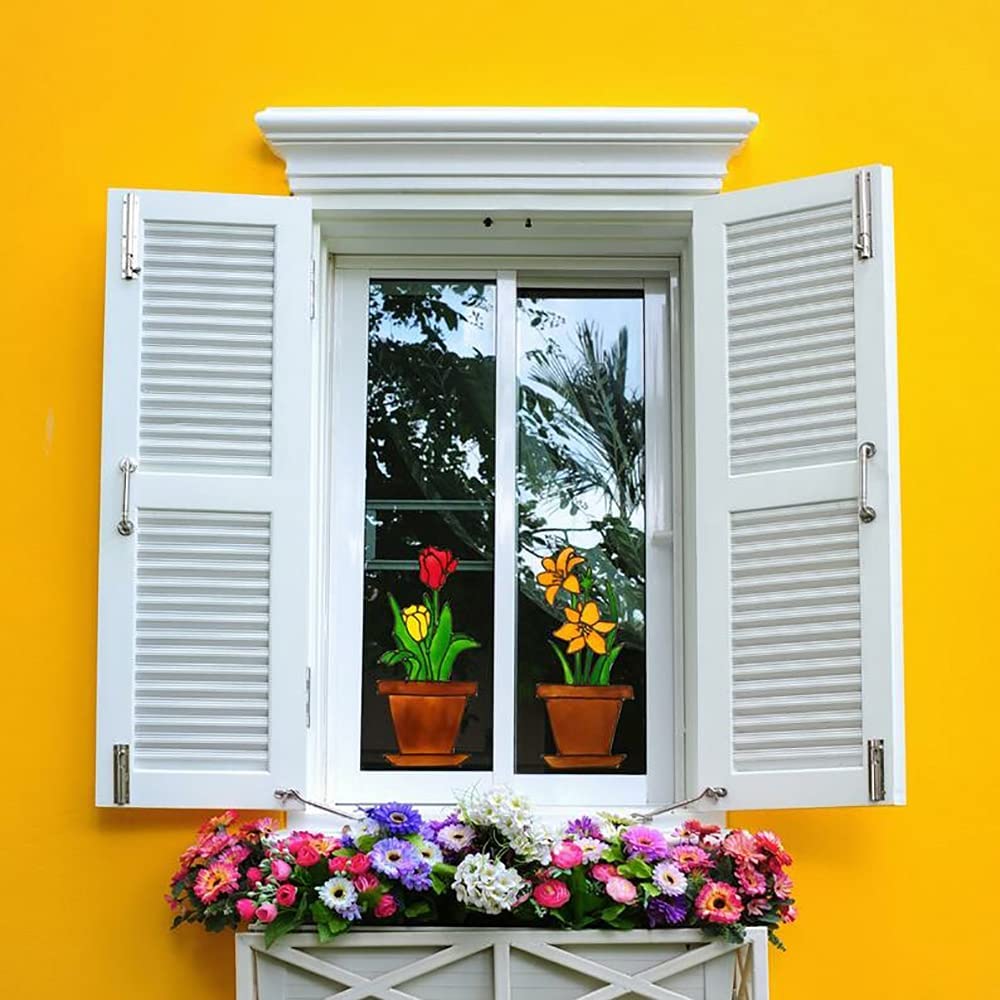 Lilies Tulips Daffodils Flower Pot Window Clings Spring Decorations Adhesive Window Stickers Glass Door Sticker Decal Home Decor