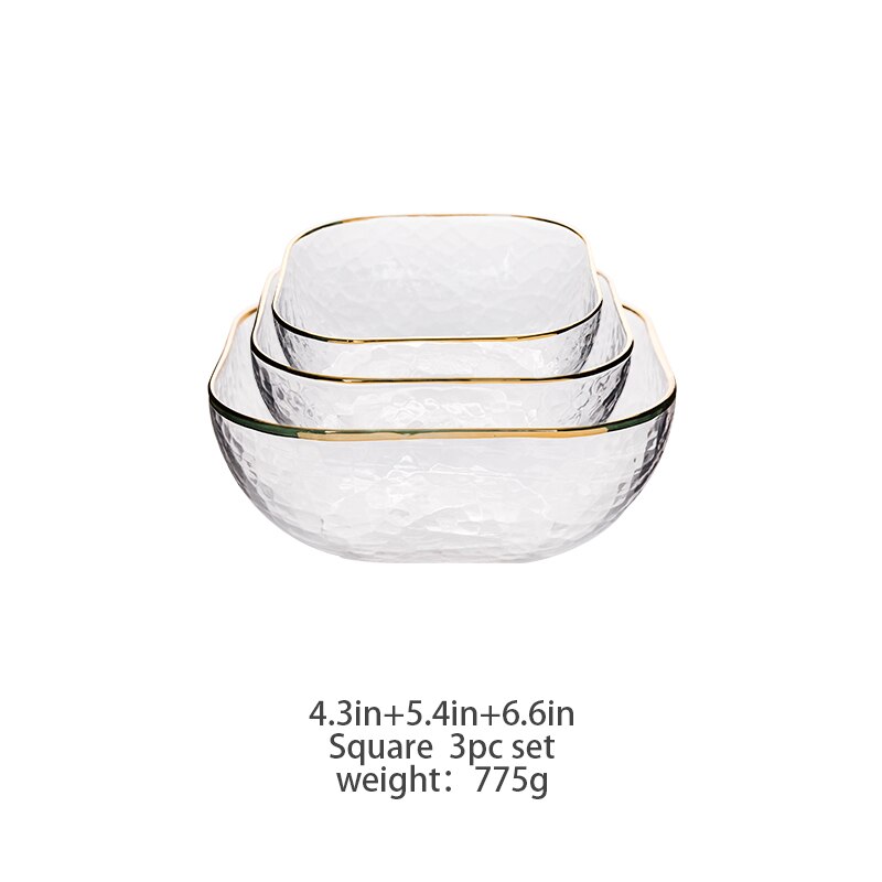 Mdzf sweethome nordisk gyllene kant salladsskål transparent glas frukt tallrik efterrätt rund fyrkantig skål porslin: Kvadrat 3pc