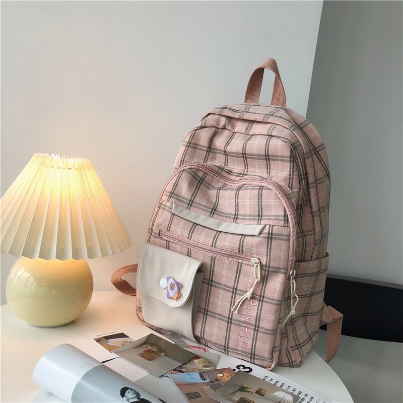 Dcimor Grande Capacidade Multi-Bolso Algodão E Linho Mochila Feminina Estilo Preppy Xadrez Mochila Estudante Universitário: Pink / with Pendant