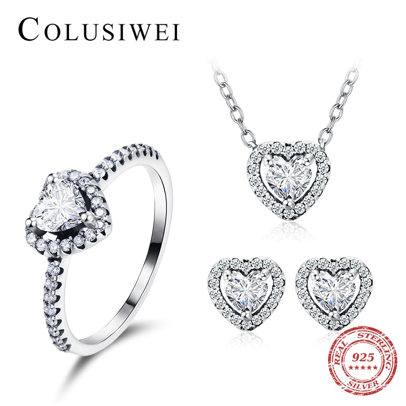 Colusiwei Autentico 925 Sterling Set di Gioielli In Argento Scintillante Anelli di Barretta Del Cuore & Orecchini Con Perno E pendente Della Collana Set di Gioielli
