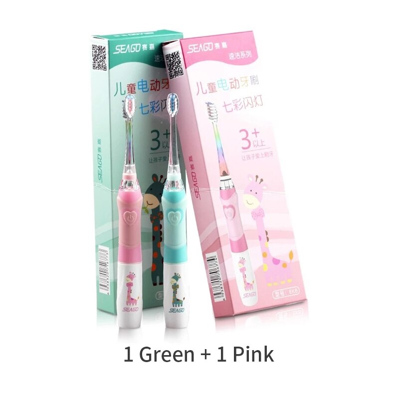 Seago-cepillo de dientes eléctrico para niños, linterna LED de colores, 16000 golpes, resistente al agua, alimentado por batería: GreenPink
