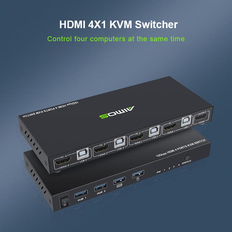 18Gbps 4K 60Hz Ultra HD Metal Case 4 Input 1 Output KVM Switch Screen Switcher Shared Keyboard and Mouse AM-KVM401