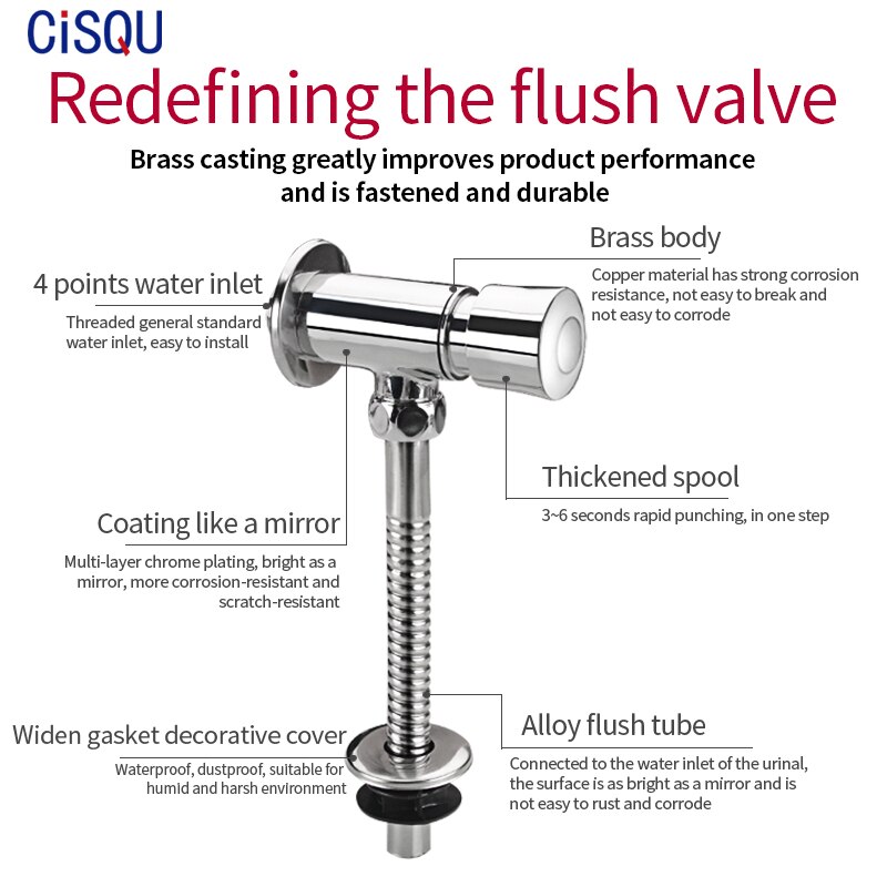 Copper Urinal Flush Valve, Hand-Push Urinal Flush Valve, Toilet Urinal Switch, Delay Valve