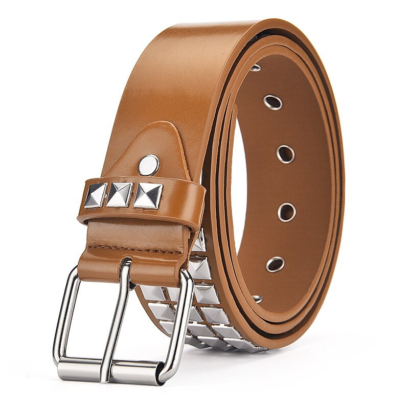 Square Beads Rivet Belt for Women Men Punk Rock With Pin Buckle Studded Belt for Dress Jeans Ceinture Femme: Brown