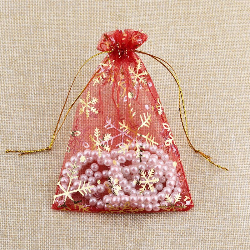 100 Stks/partij 17X23 20X30 Sneeuwvlok Organza Zak Mesh Sieraden Pouch Gold Print Trekkoord Huwelijksgeschenken Zakken kerstcadeaus Zakjes: red gold / 20X30cm