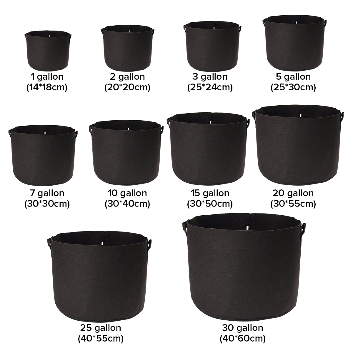 Pots de plantes en tissu noir | Sacs de culture avec poignées, sac de plantation, pot de fleurs taille 1, 2, 3, 5, 7, 10, 15, 20 ,25, 30 gallons