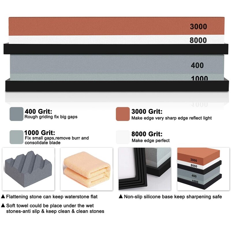 Complete Knife Sharpening Stone Set 400/1000 Grit Water Stone, 3000/8000 Grit Water Stone, Best Whetstone Knife Sharpener, Flatt