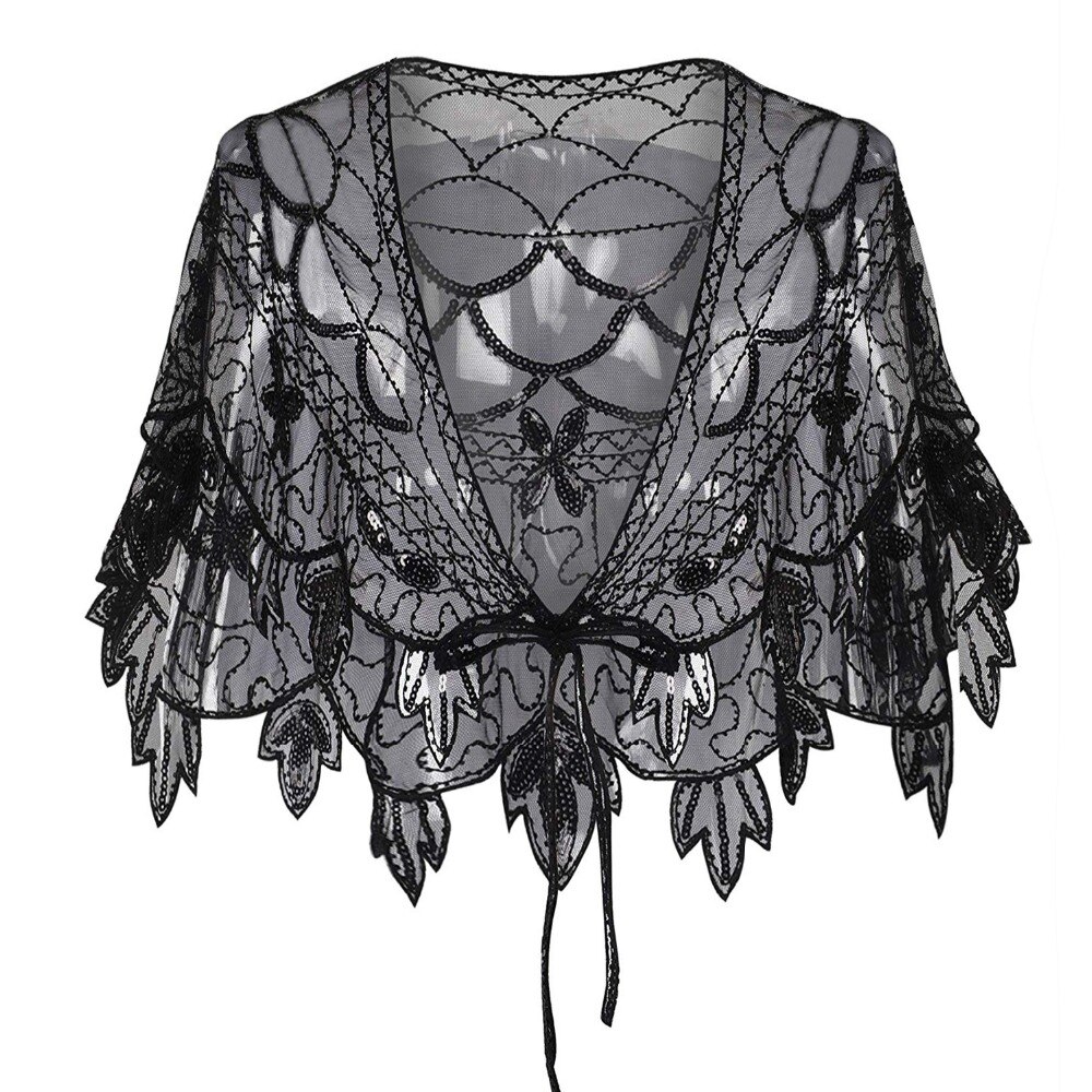 JaneVini Black Handmade Sequined Beaded Wedding Shawls Wraps Bridal Bolero Short Cape Cloak Women Party Accessories: Black