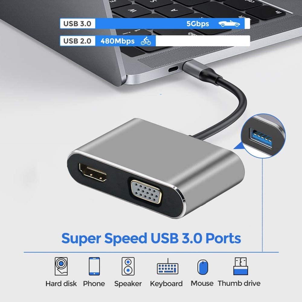Usb c to vga hdmi 4k 4 in 1 adapter usb 3,0/ usb c pd hub compatible with macbook pro/air, nintendo, dell, hp, samsung, switc