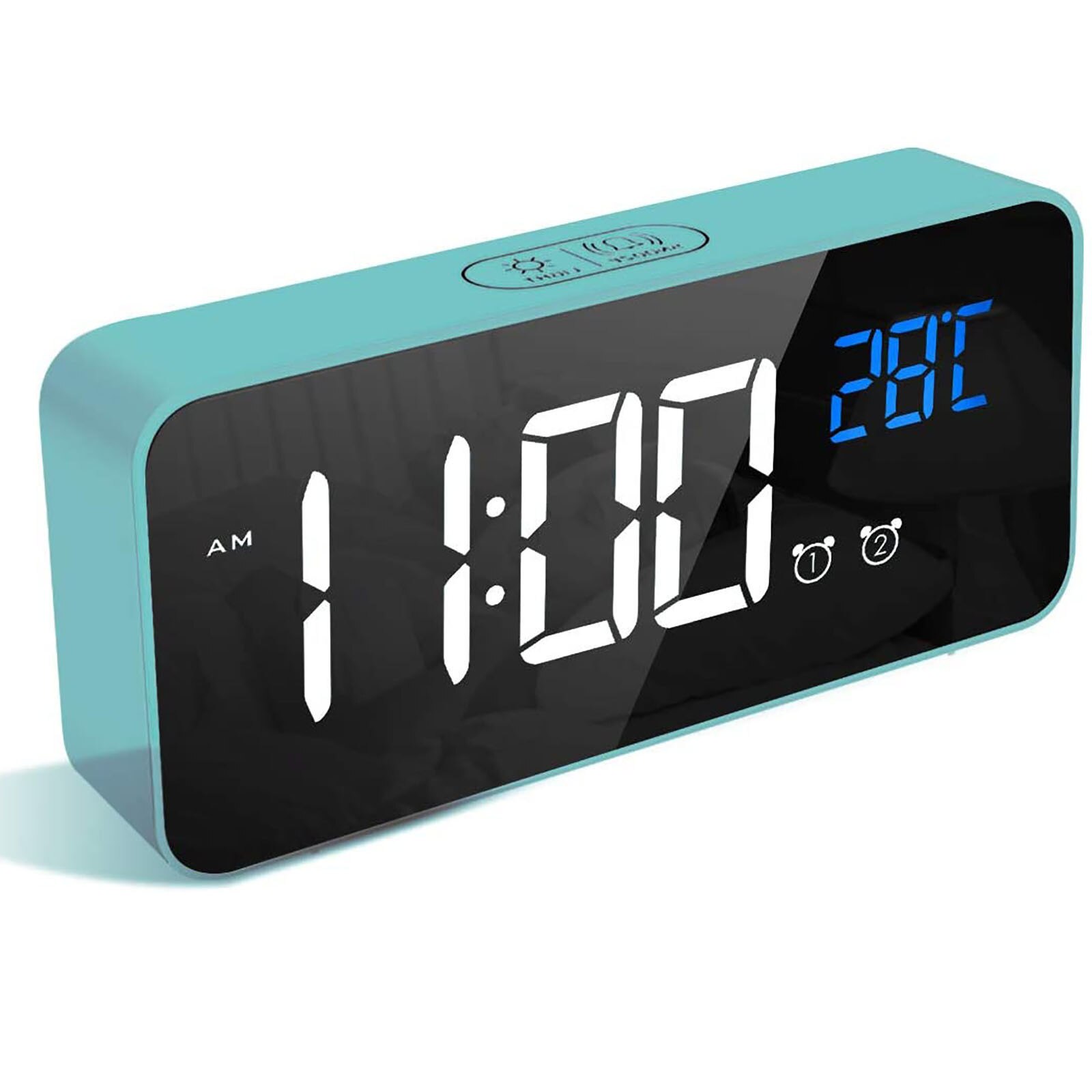 LED Mirror Alarm Clock Sound-Activated Clock Rechargeable Bedside Music Clock Multiple wake-up music#55: Blue 