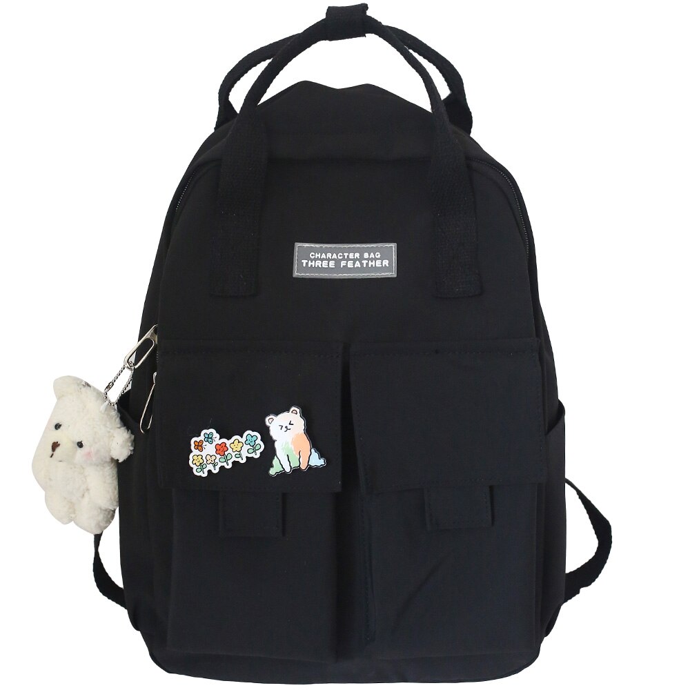 Mädchen Hochschule Schüler Nette Rucksack Harajuku Buch Schule Tasche Abzeichen Dame Kawaii Rucksack Wasserdicht Nylon Frauen Tasche Weibliche: Schwarz / mit Bär Anhänger