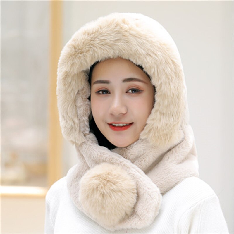 Female Winter Knitted Hats Add Fur Lined Warm Winter Hats For Women Keep Neck Ear Warmer Balaclava Pompoms Cap: Beige