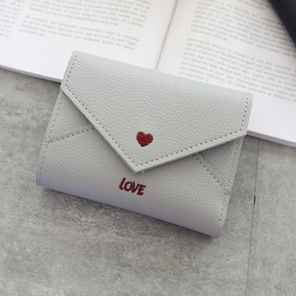 Heart Pattern Portable Mini PU Leather Multifunctional Small Embroidery Coin Pocket Three Fold Card Slots Women Wallet
