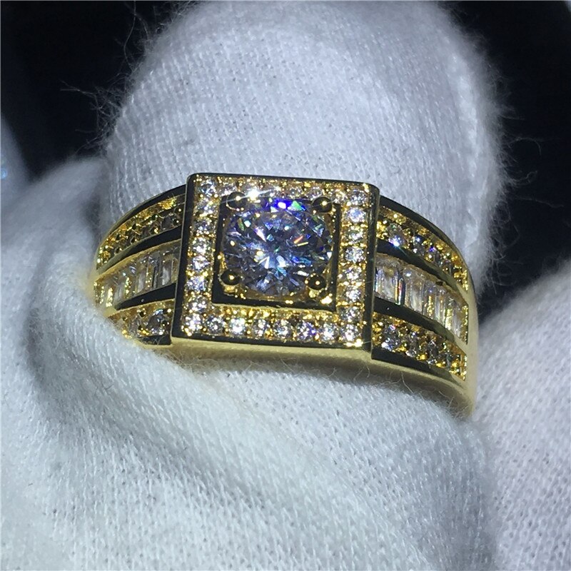 Solitaire masculino amarelo ouro enchido anel 5mm aaaaa zircon cz noivado casamento anéis de banda para homens moda jóias