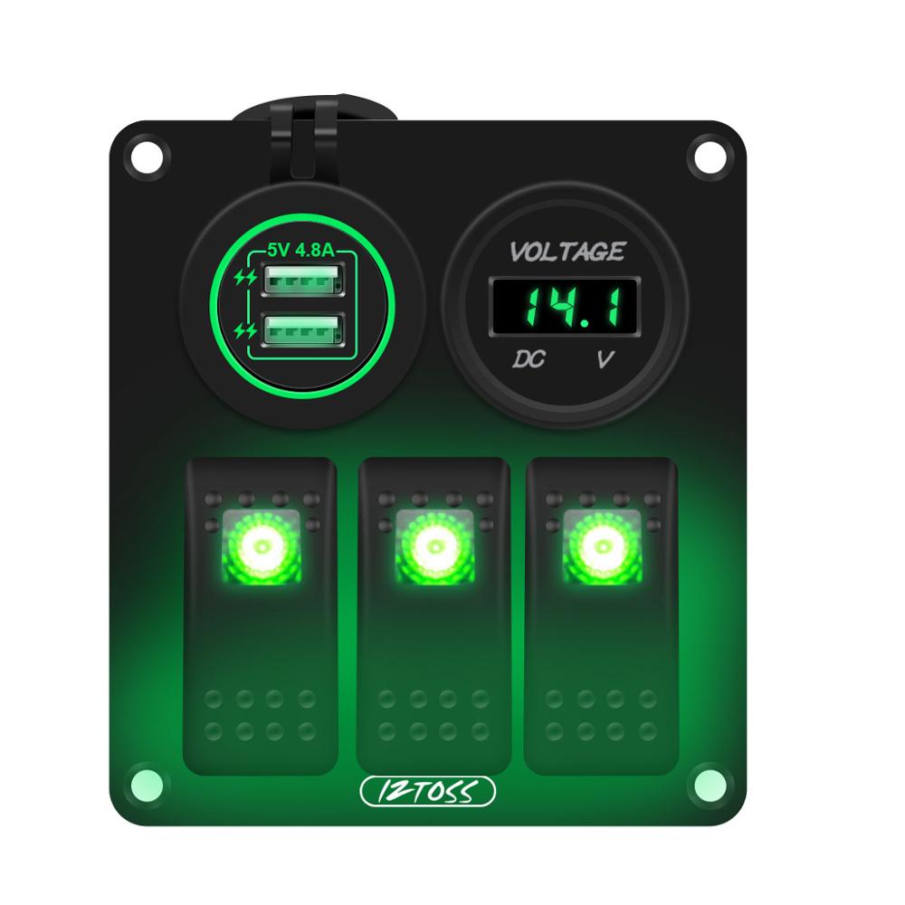 12V/24V 3 Gang Rocker Switch Panel with 4.8A Dual USB Charger and LED Digital Voltmeter for Marine Boat Car Rv Rocker Switch: Green LED