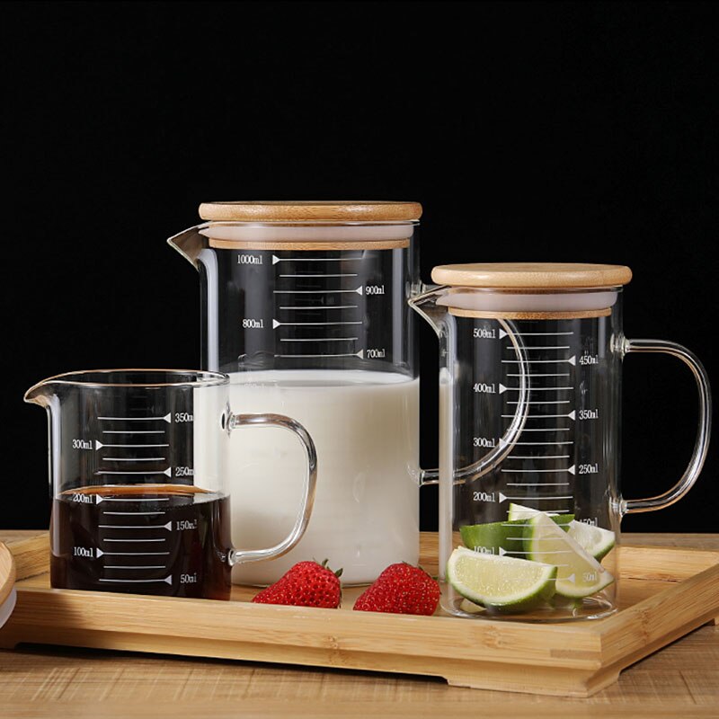 350/500/1000ml bambu / glaskåpa mätbägare bägare graderade burk butik vatten kopp hushållsartiklar köketillbehör