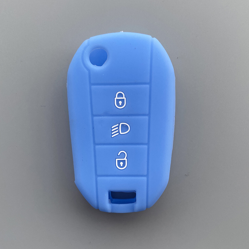 Silicone de borracha caso capa chave escudo protetor para peugeot 2008 308 t9 208 para citroen c3 berlingo 2019 3 botão dobrável chave: LIGHT BLUE