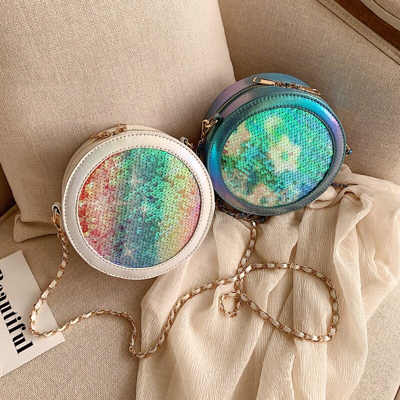 Kleurrijke pailletten ronde witte en blauwe nieuwe dames schoudertas met ketting, handtassen en portemonnees, crossbody mini tas voor dames, bosla tote bag