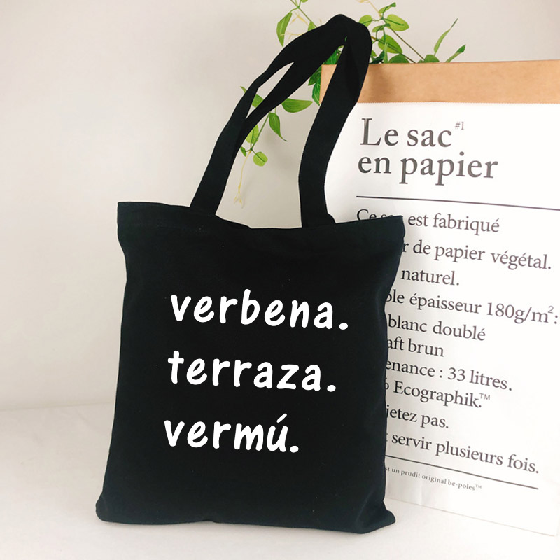 Borsa Shopper estetica spagnola borsa Shopper in tela estiva da donna borsa da spiaggia grande per donna con stampa lettere bianche nere: Blu