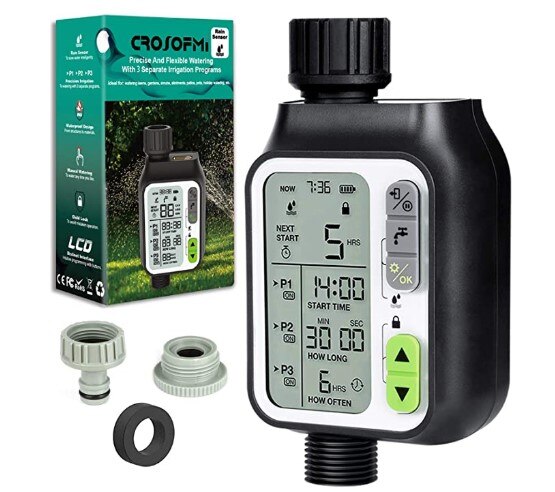 CROSOFMI – minuterie d'arrosage avec 3 programmes d'arrosage séparés et fonction de capteur automatique de pluie, tuyau d'arrosage de jardin et de pelouse, minuterie d'irrigation