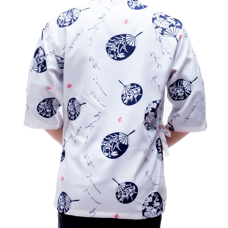 Unisex Japanese Style Food Service Sushi Chef Jacket Kitchen Work Wear Uniform Print Cook Tops Oblique Collar Breathable Kimono