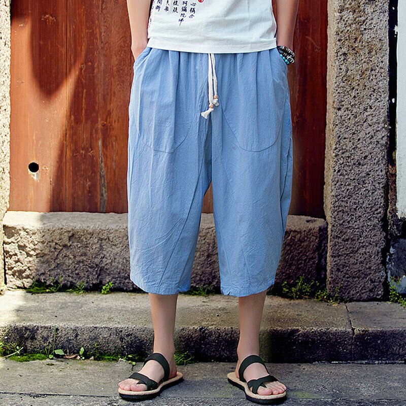Sommer menn fritids sport cargo overall bukser joggebukser cropped legglengde løs linbukser med elastisk midje: Blå / Xxxl