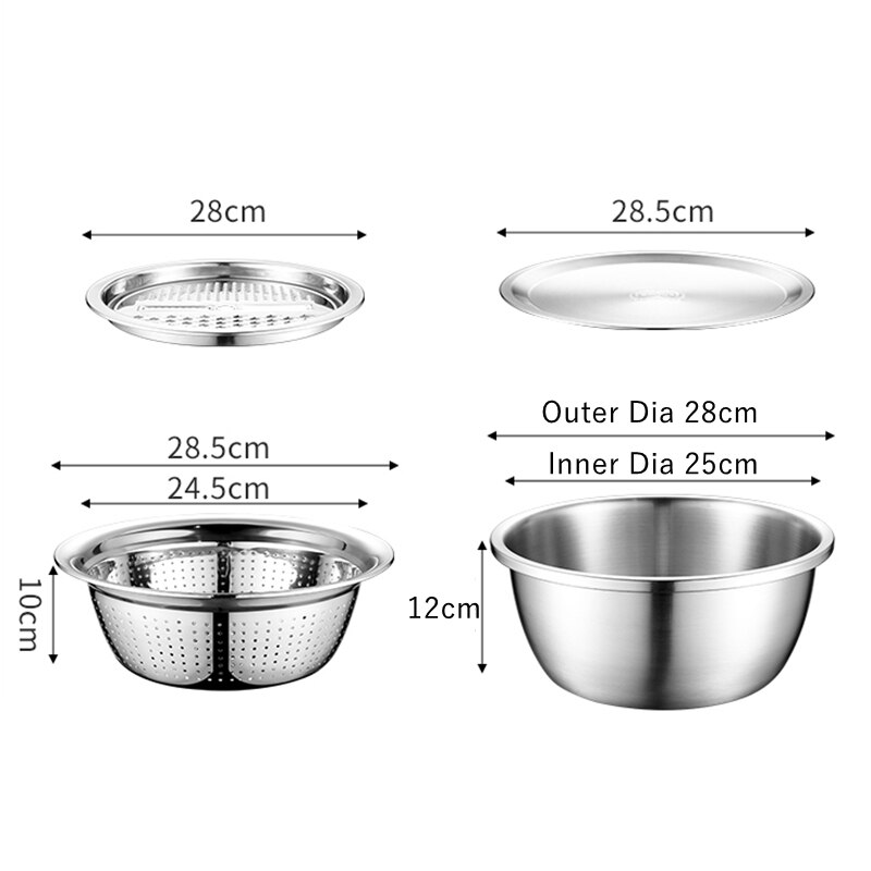 4PCS Set 304 Stainless Steel Bowl with Lid Kitchen Cooking Salad Mixing Bowls Set Washing Drain Basket Soup Basin Strainer: Default Title