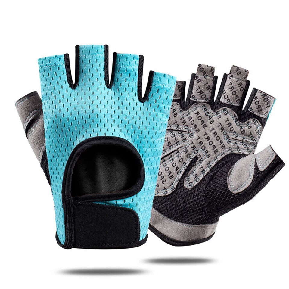 Guanti Fitness traspiranti sollevamento pesi per esercizi pesanti Sport guanti da palestra donna Body Building mezzo dito antiscivolo: Blue / L