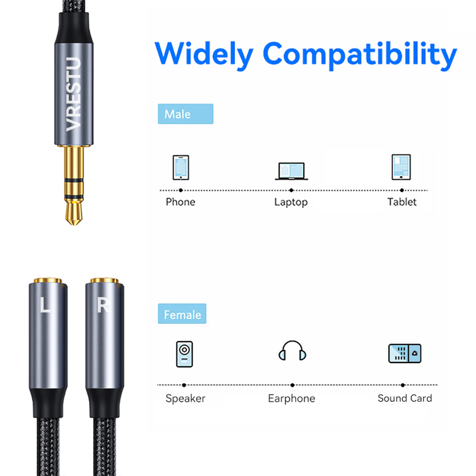 Divisor de audio Y 3,5 mm izquierdo derecho Aux macho a 2 auriculares hembra altavoz de PC envolvente doble canal en un solo canal 1 en 2 salidas