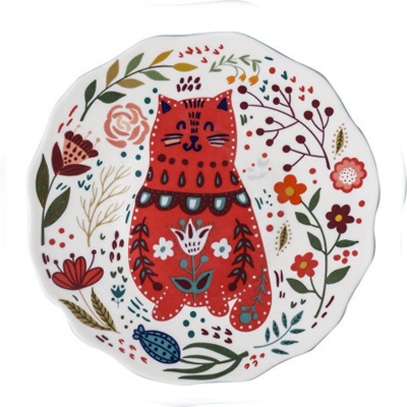 8 inch Colorful Cat Dinner Plate Under-Glazed Ceramic Dinner Dishes Dessert Tray Flower Kitten Dinnerware Microwave Safe: D