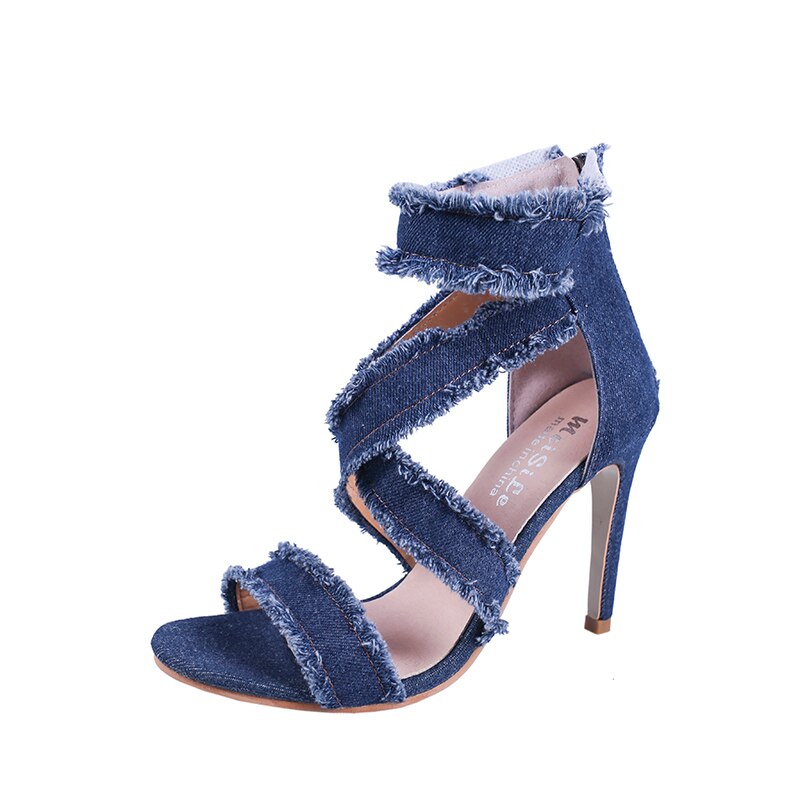 Sandales en jean pour Femme, chaussures d'été à talons hauts, nouvelle , n801,: Bleu / 8.5