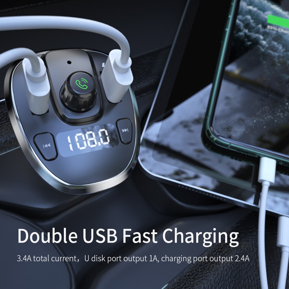 Essager Usb Auto Oplader Voor Mobiele Telefoon Bluetooth Handsfree Fm-zender MP3 Speler Auto Kit Fast Charger Voor Iphone