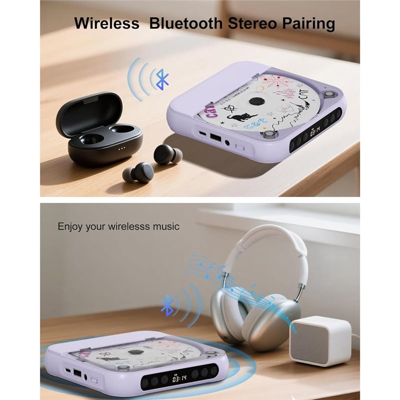 B68C CD Player Portable Rechargeable Portable CD Player With Bluetooth Dual Stereo Speakers