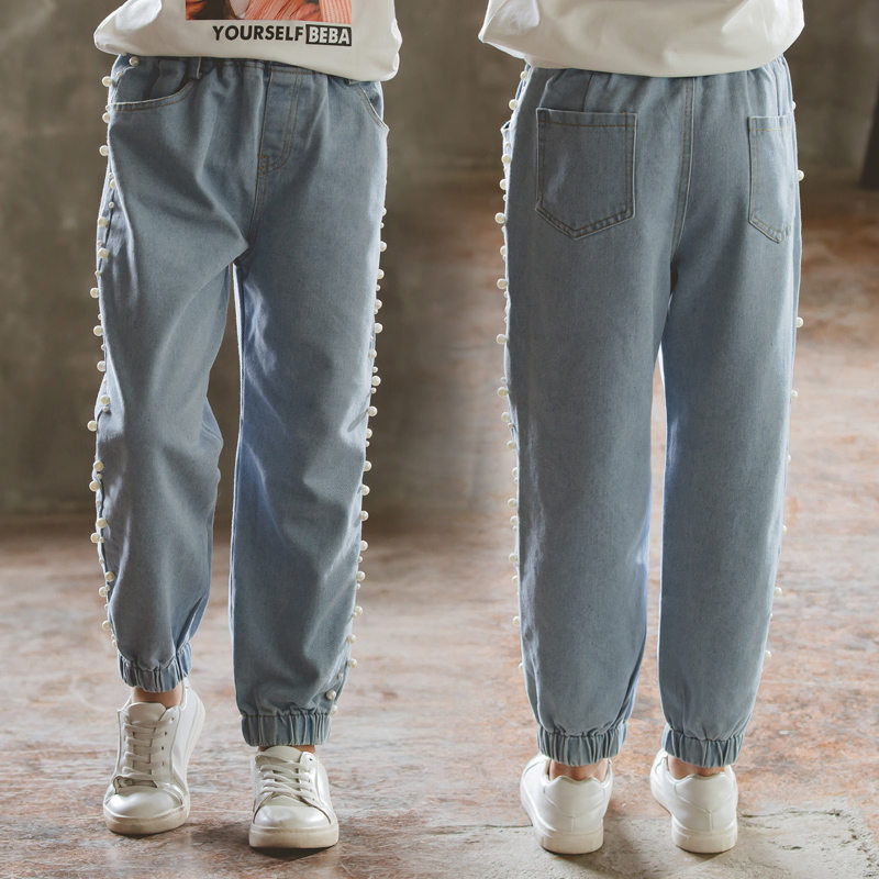Børne jeans med perler løs stil børn pencil jeans til piger baby denim bukser teenager kausal pencil bukser