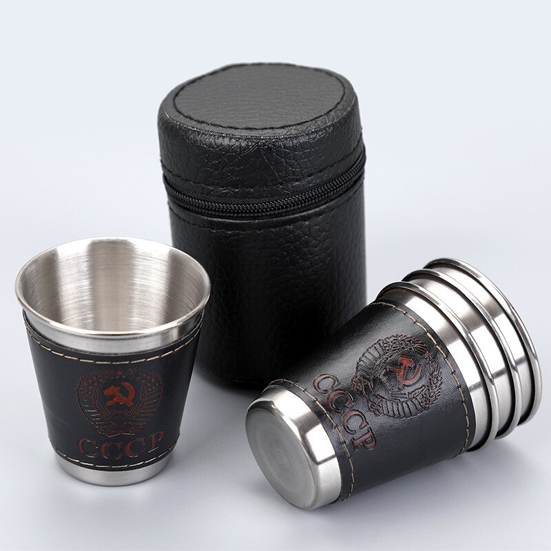 4Pcs/Set Stainless Steel Vodka Cup Set Portable Mini Wine Tumbler With Leather Cover Case Bag Outdoor Bar Wine Beer Whiskey Cup
