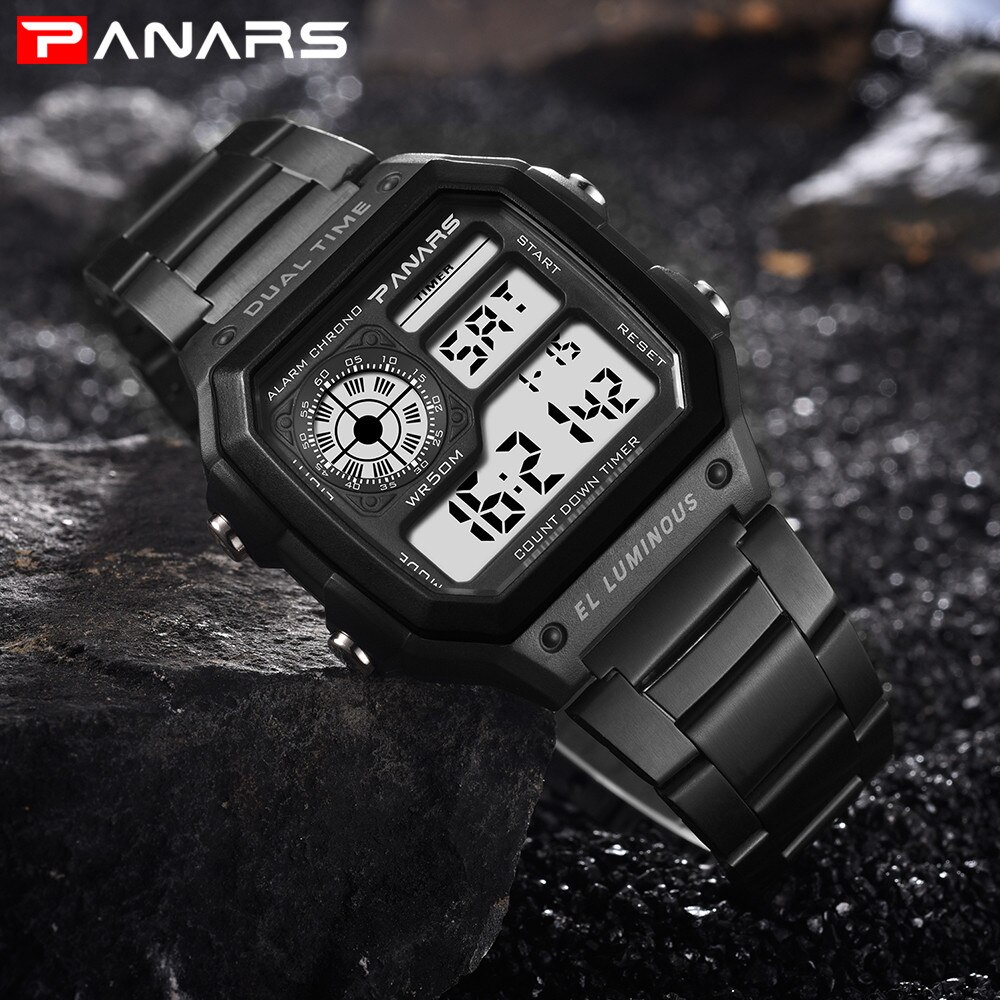 Rvs Horloge Mannen Waterdichte Multifunctionele Sport Horloge Vierkante Elektronische Horloge Luxe Armband Klok Zegarki